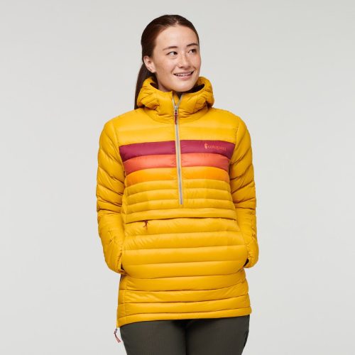 Fuego Down Hooded Pullover - Women's, Amber Stripes, Model Aya