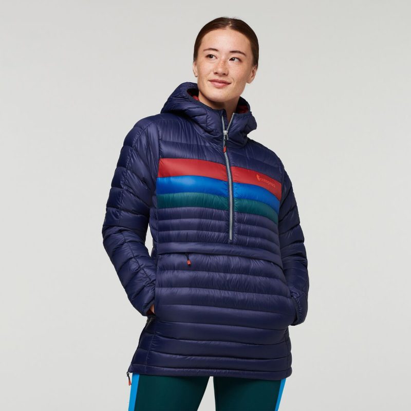 Fuego Down Hooded Pullover - Women's, Maritime Stripes, Model Aya