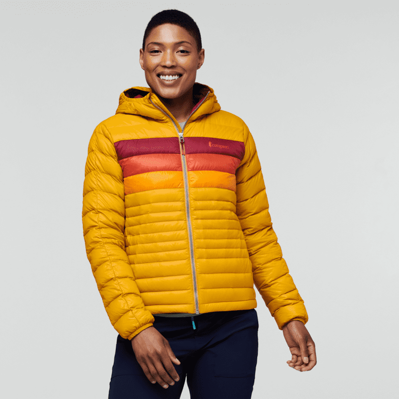 Fuego Down Hooded Jacket - Women's, Amber Stripes, Model Callie