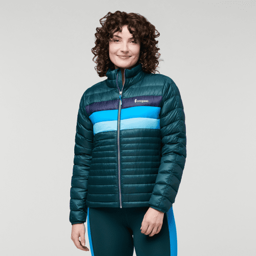 Fuego Down Jacket - Women's, Deep Ocean Stripes, Model Courtney