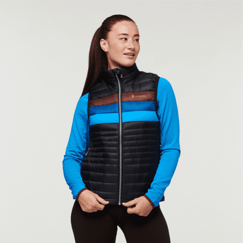 Fuego Down Vest - Women's, Black/Chestnut Stripes, Model Aya