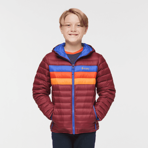 Fuego Hooded Down Jacket - Kids', Burgundy Stripes, Model Dax