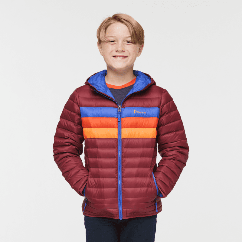 Fuego Hooded Down Jacket - Kids', Burgundy Stripes, Model Dax