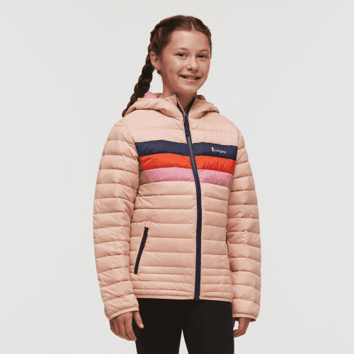 Fuego Hooded Down Jacket - Kids', Rosewood Stripes, Model Gemma Nye