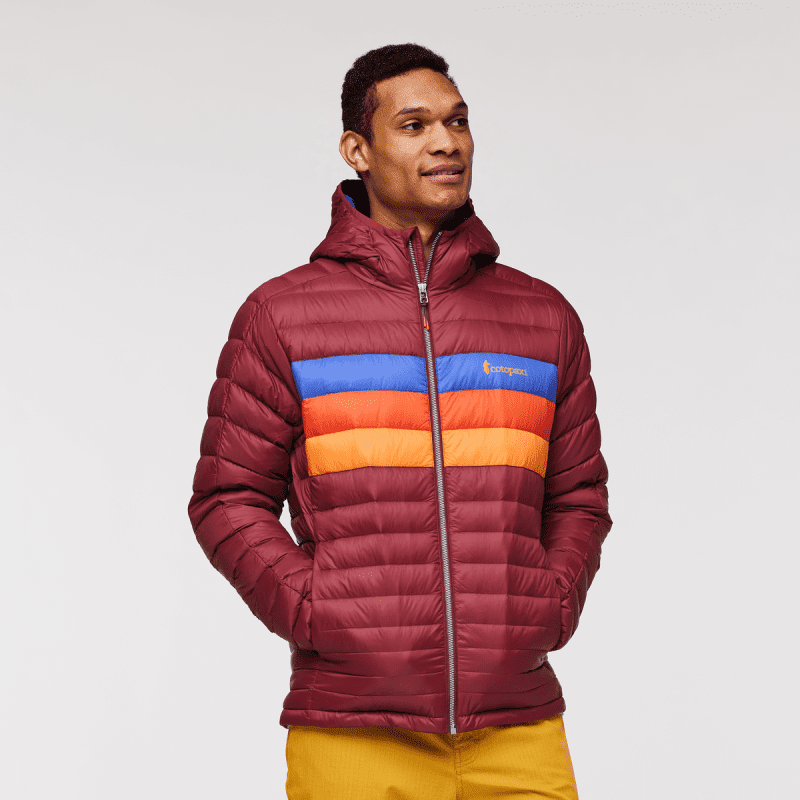 Fuego Hooded Down Jacket - Men's, Burgundy Stripes, Model Jason