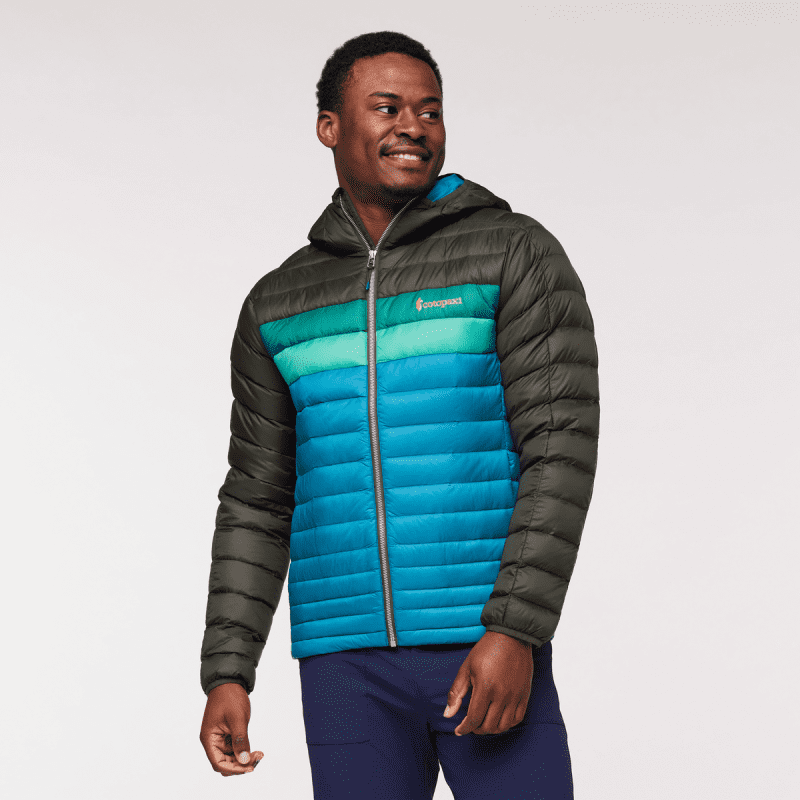 Fuego Hooded Down Jacket - Men's, Woods/Gulf, Model Jeremy