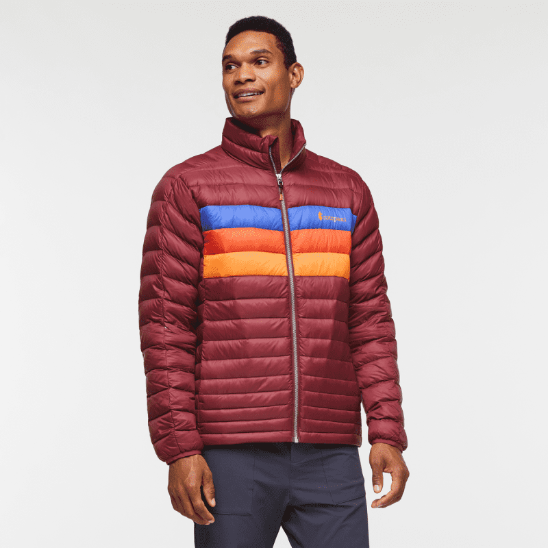 Fuego Down Jacket - Men's, Burgundy Stripes, Model Jason