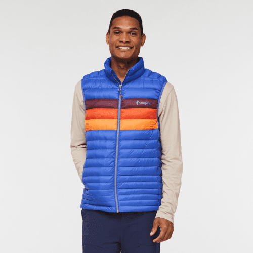 Fuego Down Vest - Men's, Blue Violet Stripes, Model Jason