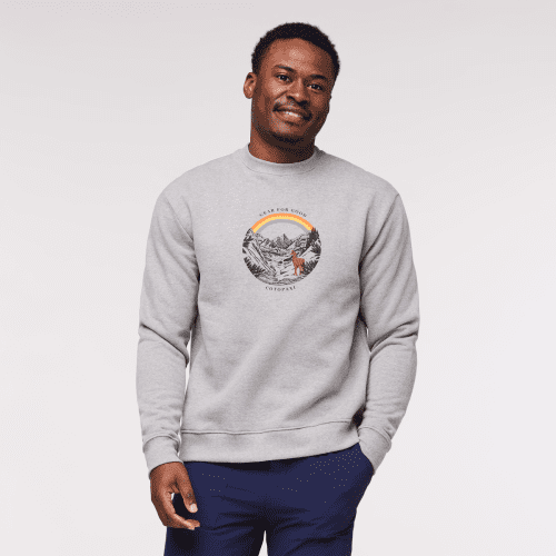 Traveling Llama Crew Sweatshirt - Men's, Heather Grey, Model Jeremy