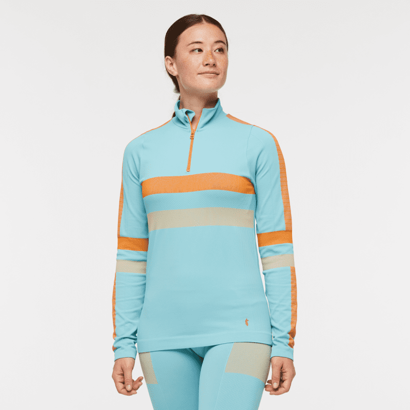 Debajo Seamless Baselayer Quarter-Zip - Women's, Bluebird Stripes, Model Aya