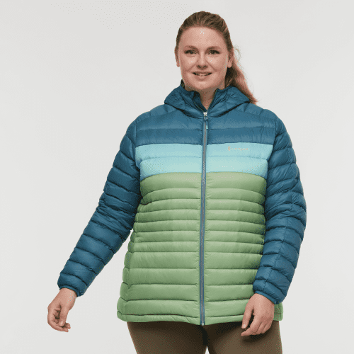 Fuego Down Hooded Jacket - Women's, Blue Spruce/Aspen, Model Jennifer