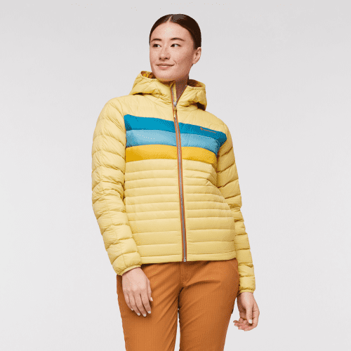 Fuego Hooded Down Jacket - Women's, Wheat Stripes, Model Aya