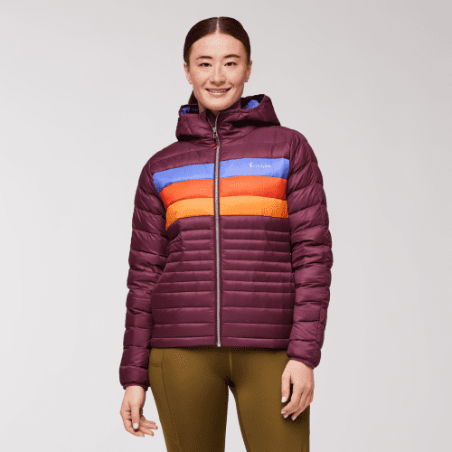 Fuego Hooded Down Jacket - Women's, Wine Stripes, Model Aya