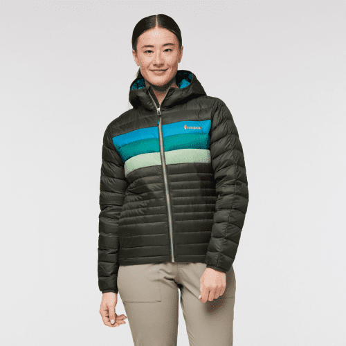 Fuego Hooded Down Jacket - Women's, Woods Stripes, Model Aya