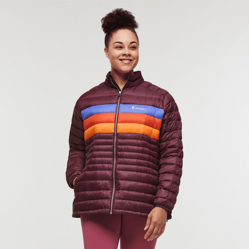 Fuego Down Jacket - Women's, Wine Stripes, Model Brianna