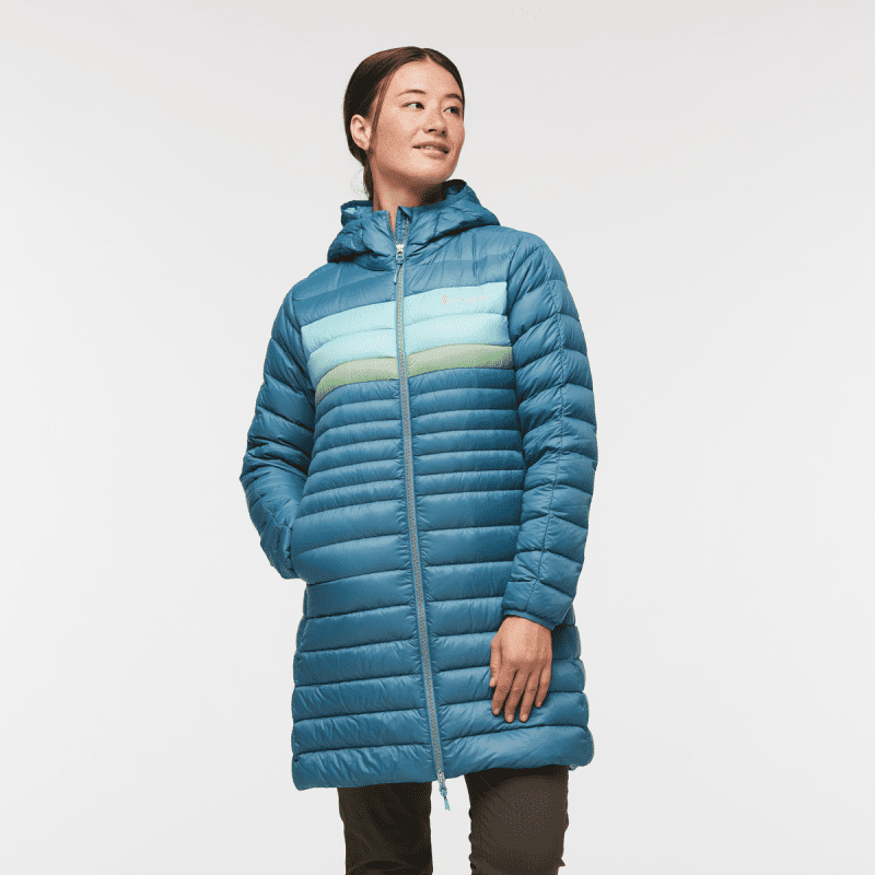 Fuego Down Parka - Women's, Blue Spruce Stripes, Model Aya