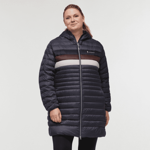 Fuego Down Parka - Women's, Graphite Stripes, Model Jennifer