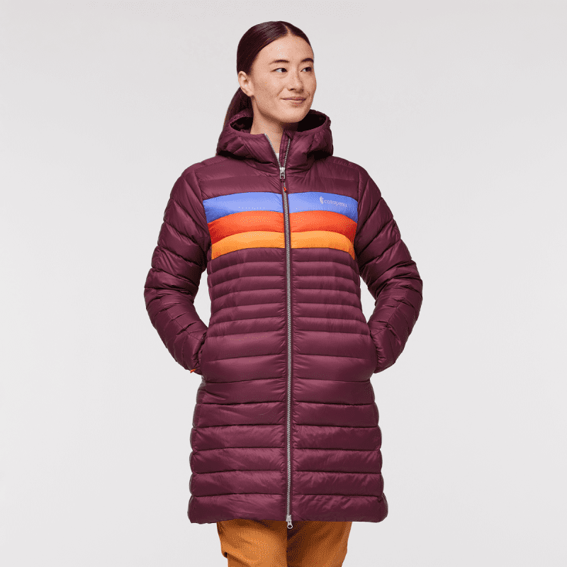 Fuego Down Parka - Women's, Wine Stripes, Model Aya