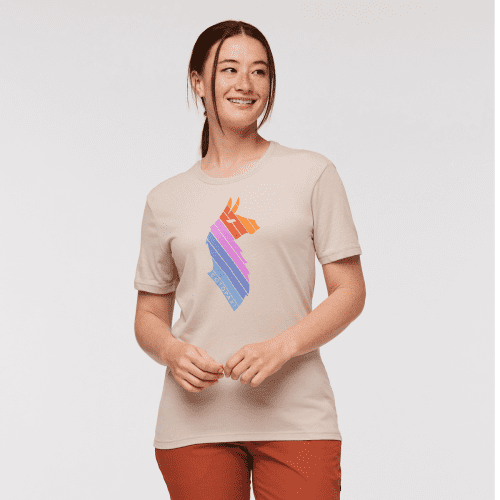 Llama Stripes Organic T-Shirt - Women's, Oatmeal, Model Aya