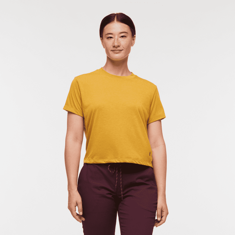 Paseo Travel Crop T-Shirt - Women's, Amber, Model Aya