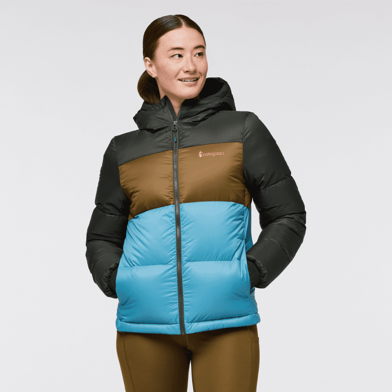 Solazo Down Hooded Jacket - Women's, Woods/Drizzle, Model Aya