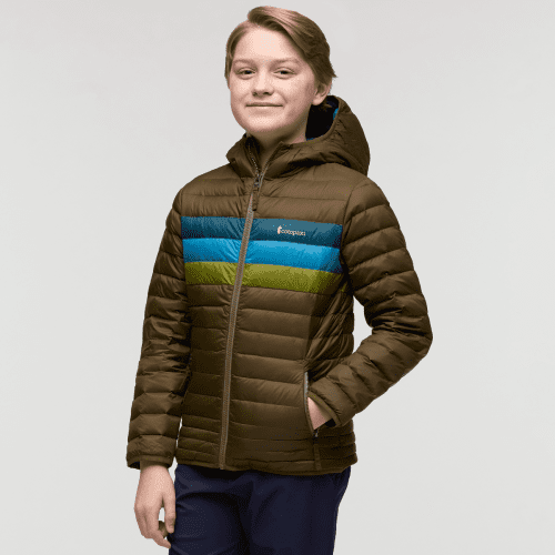 Fuego Hooded Down Jacket - Kids', Live Oak Stripes, Model Dax