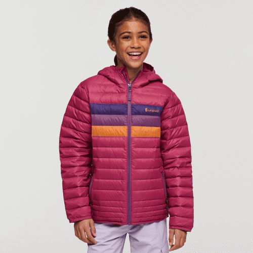 Fuego Hooded Down Jacket - Kids', Sangria Stripes, Model Maliyah