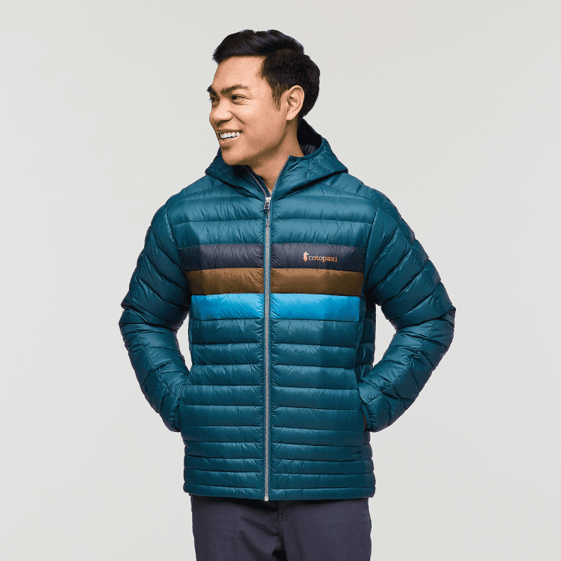 Fuego Hooded Down Jacket - Men's, Abyss Stripes, Model Justin