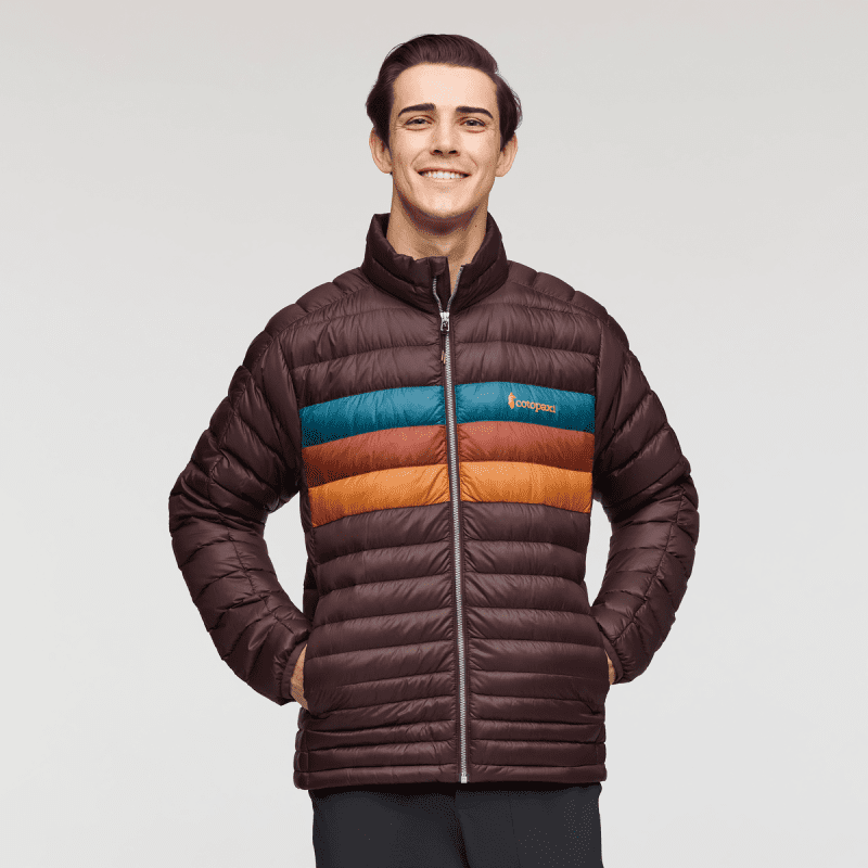 Fuego Down Jacket - Men's, Coffee Stripes, Model Kellan