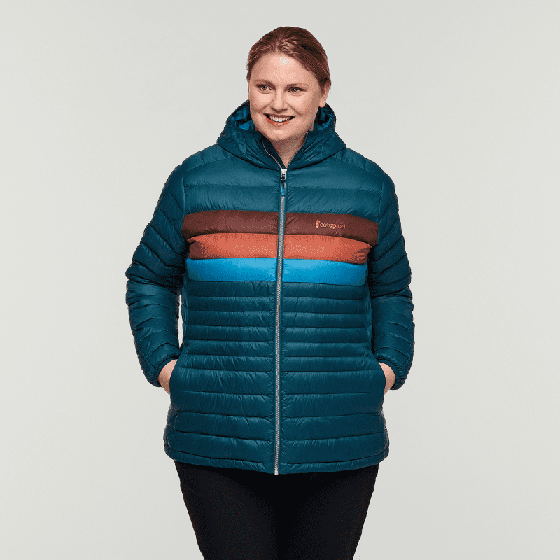 Fuego Hooded Down Jacket - Women's, Abyss Stripes, Model Nicole