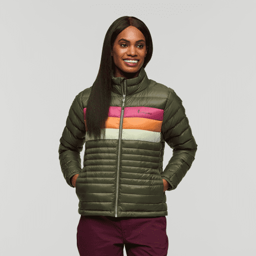 Fuego Down Jacket - Women's, Fatigue Stripes, Model Sydney