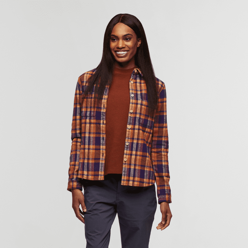 Mero Organic Flannel Shirt - Women's, Black Violet Plaid, Model Sydney