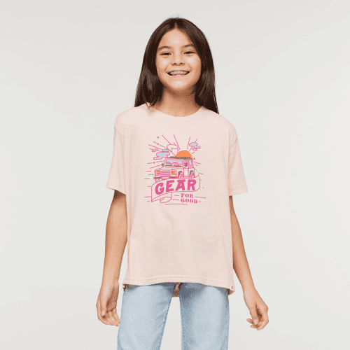 Are We There Yet Organic T-Shirt - Kids', Sand, Model Scarlett