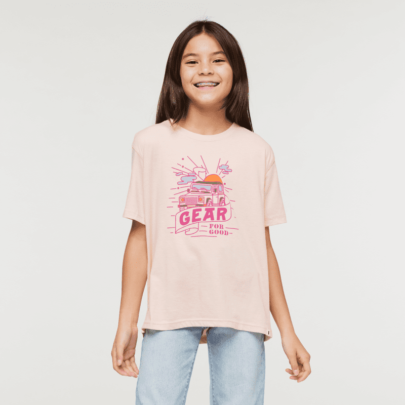 Are We There Yet Organic T-Shirt - Kids', Sand, Model Scarlett