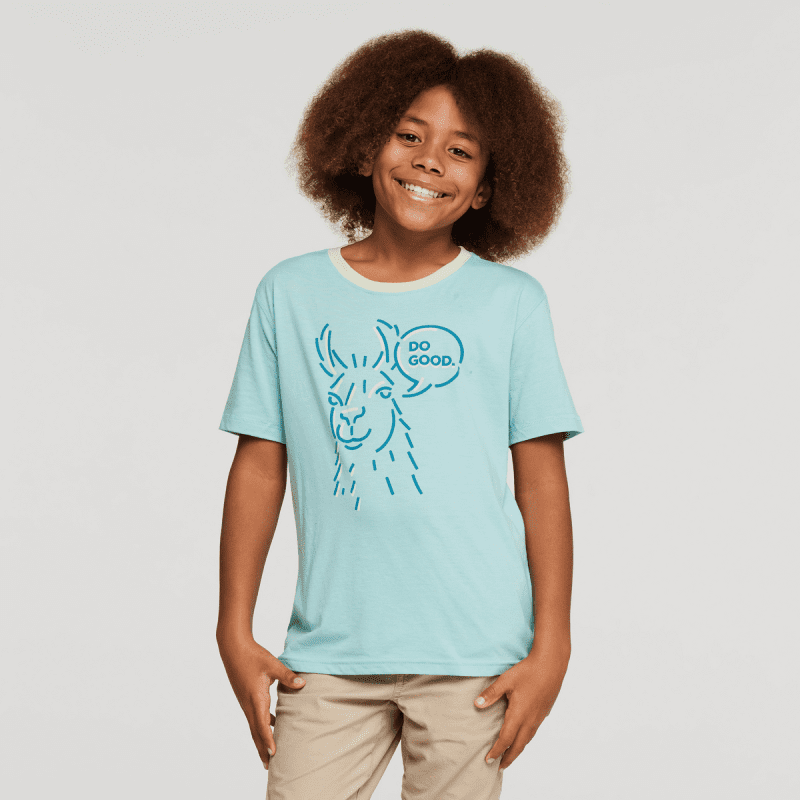 Talking Llama Organic T-Shirt - Kids', Sea Glass, Model Isaiah