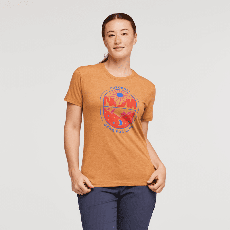 Day and Night Organic T-Shirt - Women's, Saddle, Model Aya