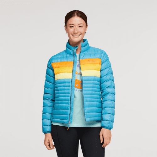 Fuego Down Jacket - Women's, Poolside Stripes, Model Aya