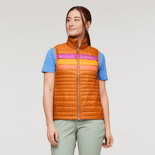 Fuego Down Vest - Women's, Mezcal Stripes, Model Aya