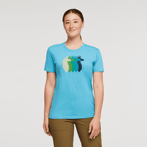 Llama Sequence Organic T-Shirt - Women's, Poolside, Model Aya