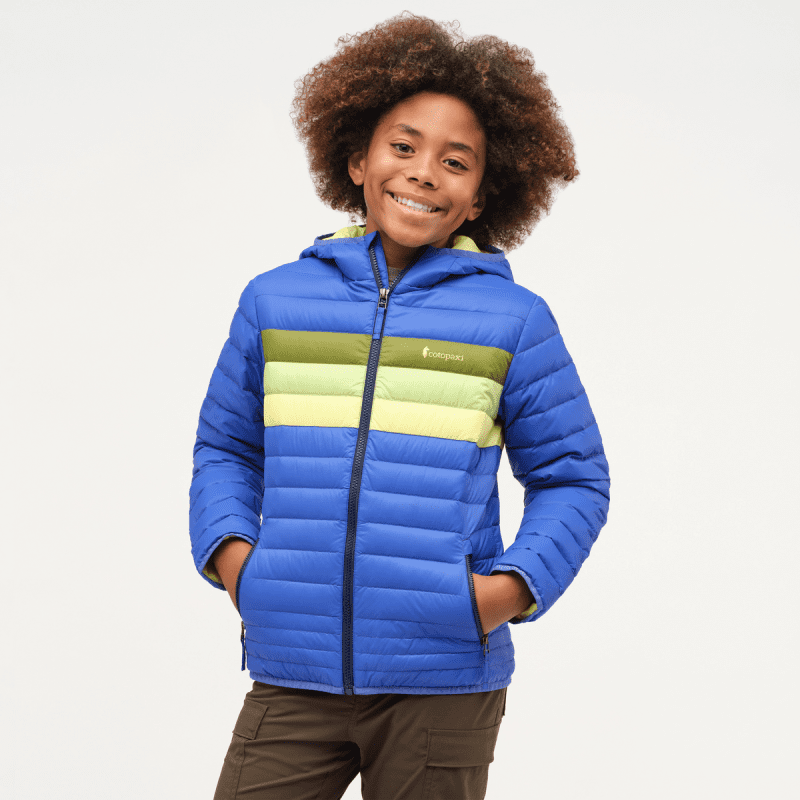 Fuego Hooded Down Jacket - Kids', Scuba Blue Stripes, Model Isaiah