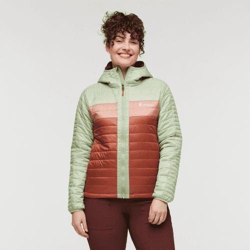 Capa Insulated Hooded Jacket - Women's, Green Tea/Faded Brick, Model Courtney