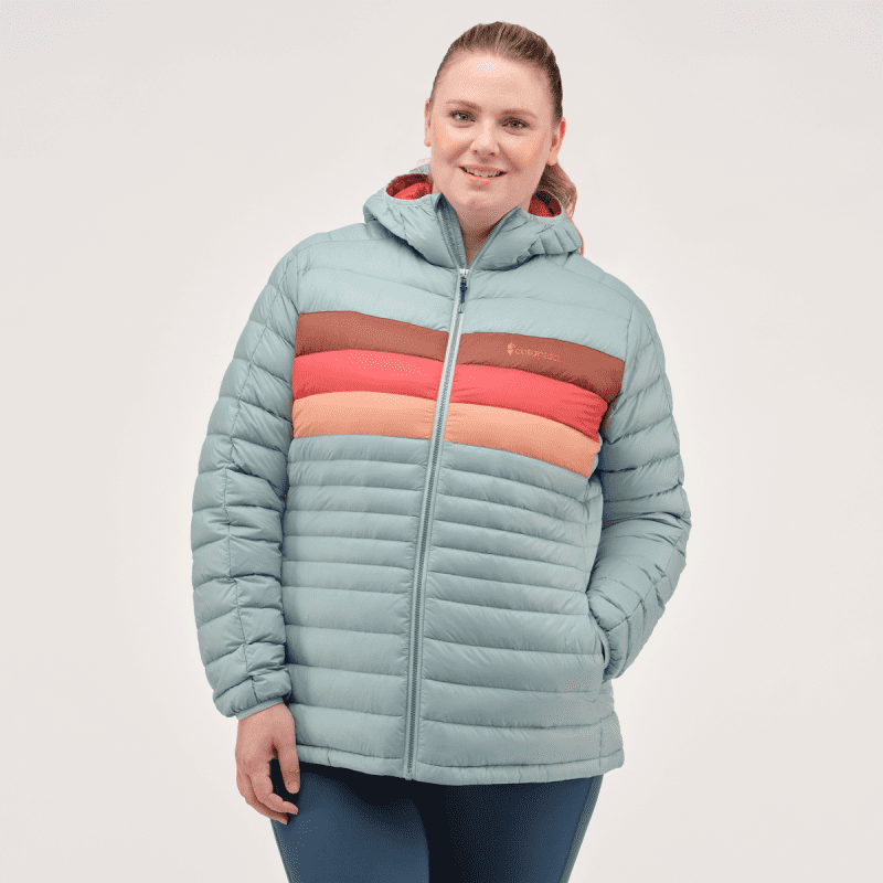 Fuego Hooded Down Jacket - Women's, Sea Spray Stripes, Model Jennifer