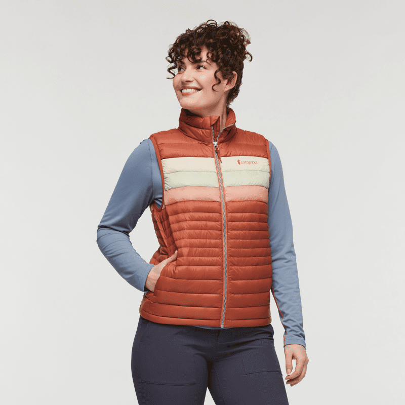 Fuego Down Vest - Women's, Faded Brick Stripes, Model Courtney