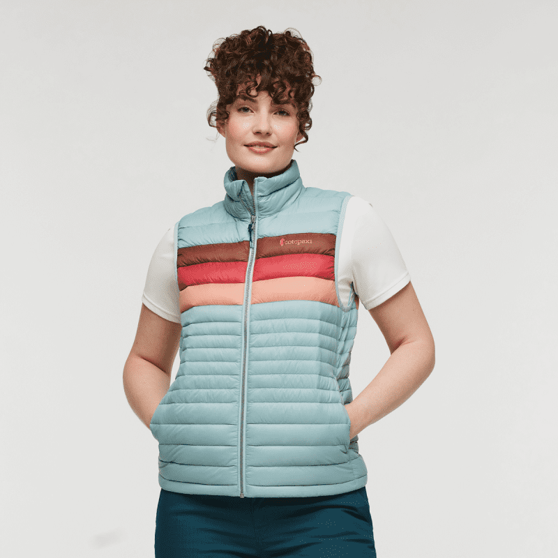 Fuego Down Vest - Women's, Sea Spray Stripes, Model Courtney