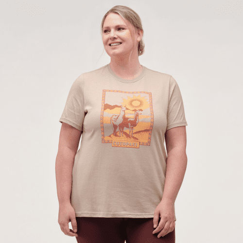 Llama Greetings T-Shirt - Women's, Oatmeal, Model Jennifer